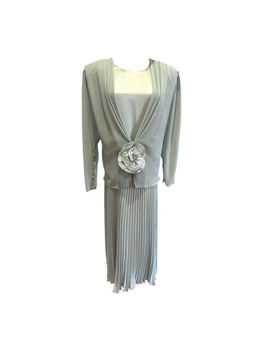 80s URSULA OF SWITZERLAND BLUE CHIFFON & SATIN DRESS W MICRO PLEAT SKIRT SZ 14W - Picture 4 of 7
